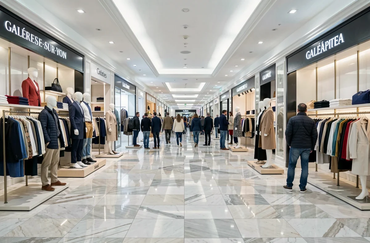 Intérieur des Galeries Lafayette de La Roche-sur-Yon avec rayons mode, mannequins habillés et sol en marbre poli
