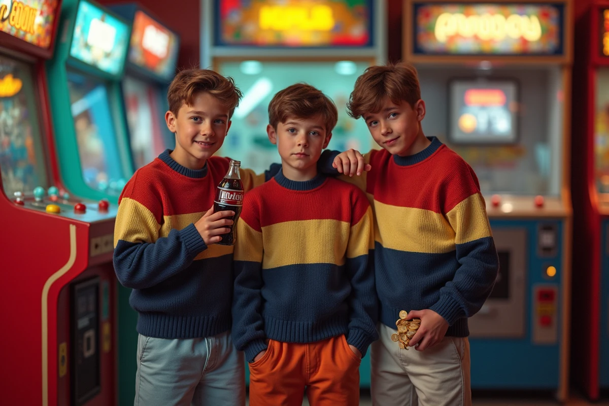 Trois adolescents dans une arcade rétro années 80