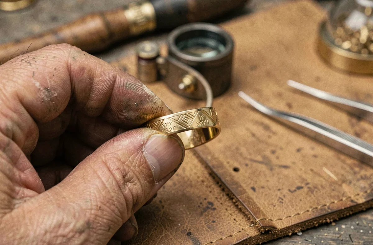 Artisan bijoutier tenant une bague homme en or avec gravure extérieure, atelier de joaillerie artisanal