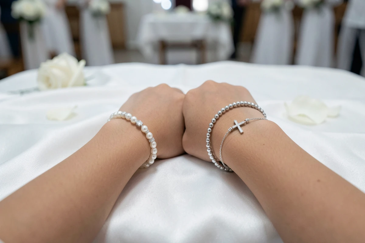 Gros plan de bracelets de communion élégants pour fille et garçon posés sur tissu blanc