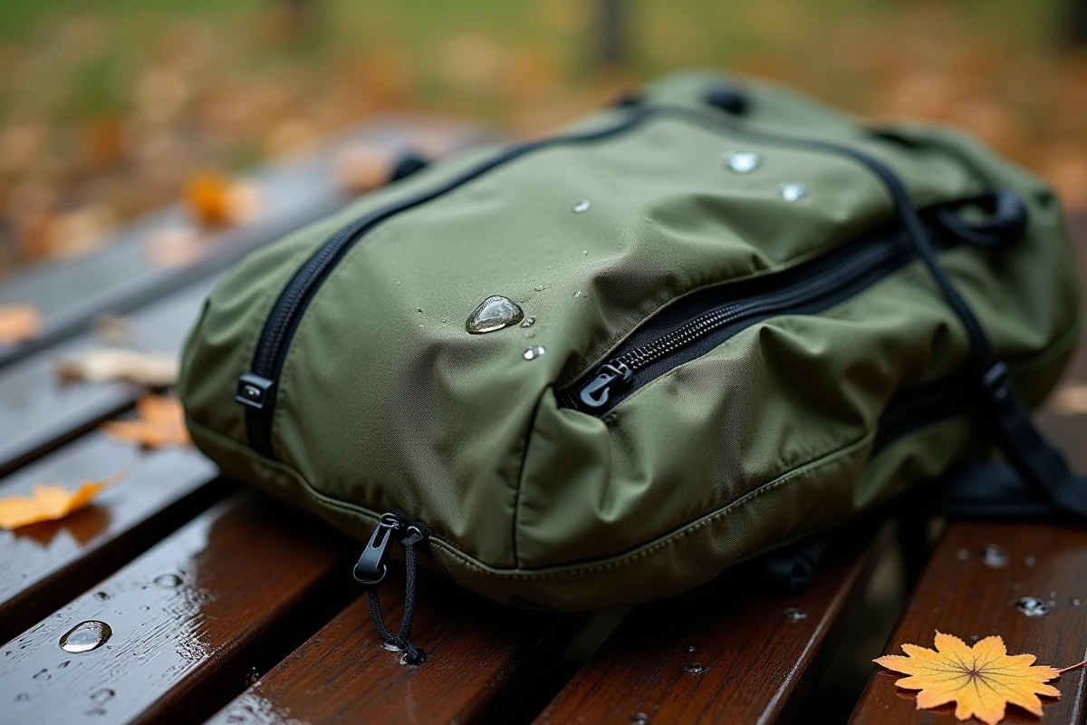 Gros plan sur le tissu imperméable d'un sac à dos avec des gouttelettes d'eau sphériques sur le revêtement DWR