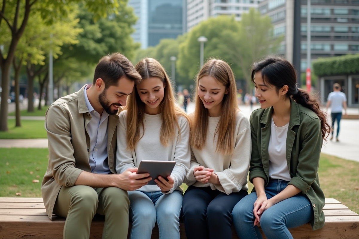 Groupe de jeunes discutant mode durable en plein air