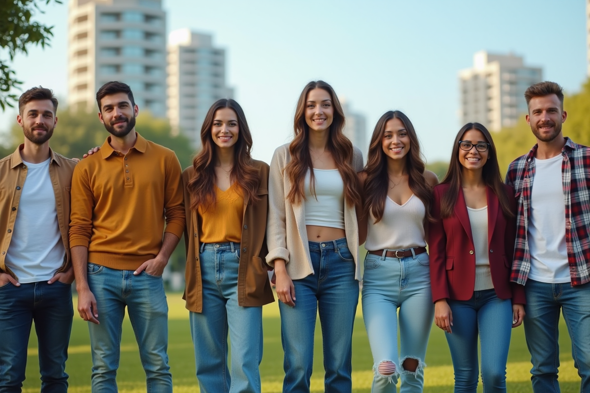 Groupe divers de personnes portant des jeans variés en plein air en journée