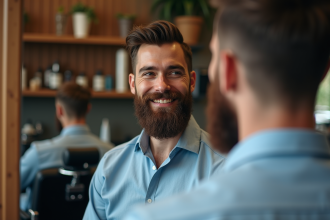 Homme barbu en miroir dans un salon de coiffure moderne