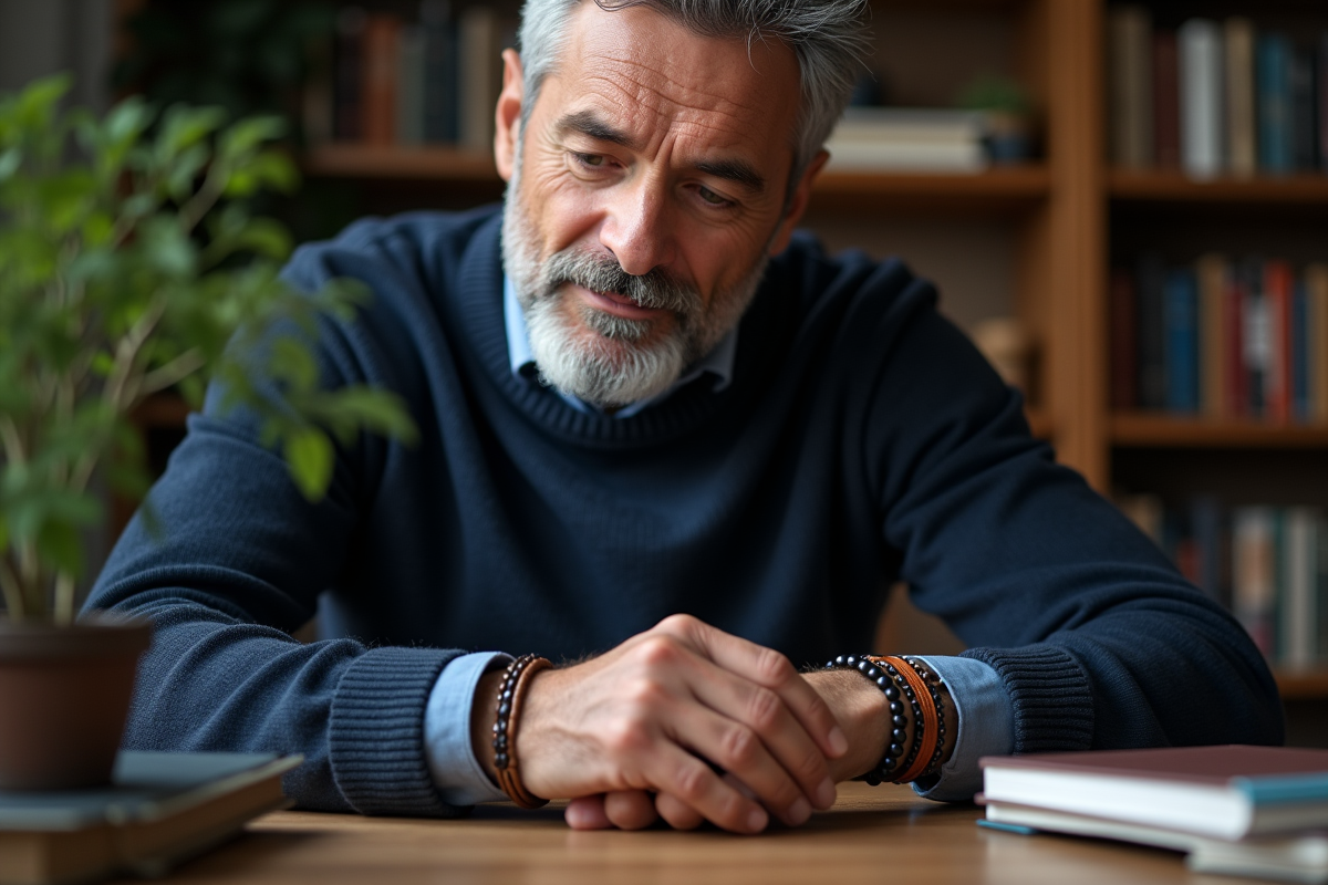 Homme ajustant un bracelet en perles dans un intérieur cosy