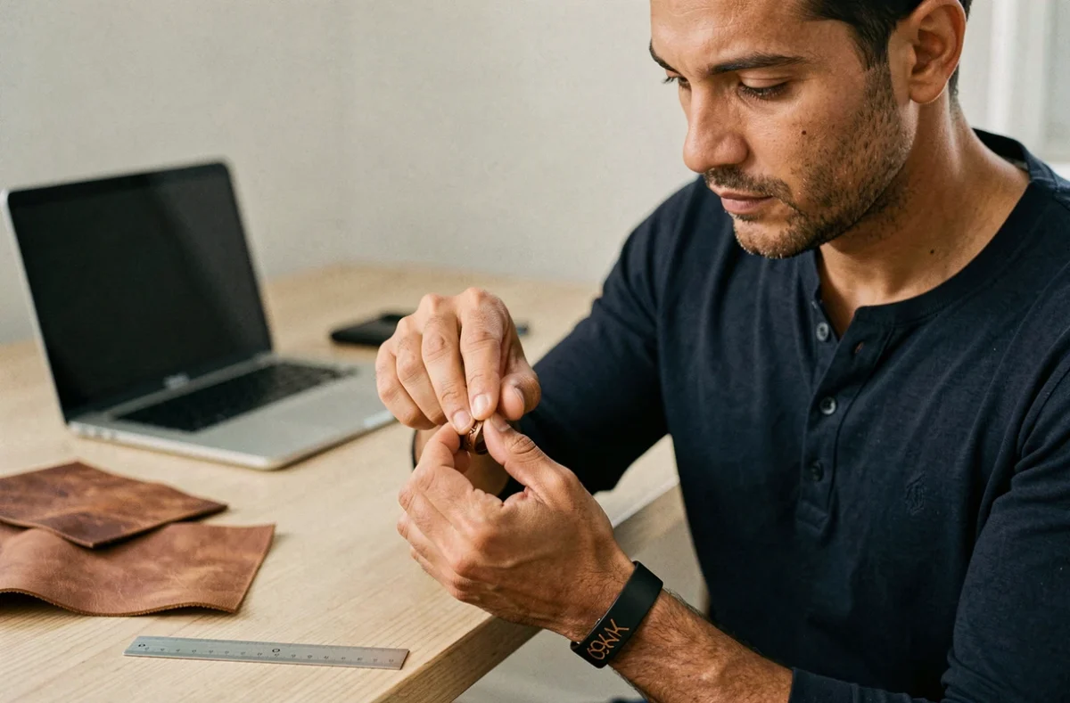 Homme examinant un bracelet en cuir personnalisé avant de passer commande en ligne