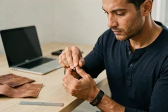 Homme examinant un bracelet en cuir personnalisé avant de passer commande en ligne