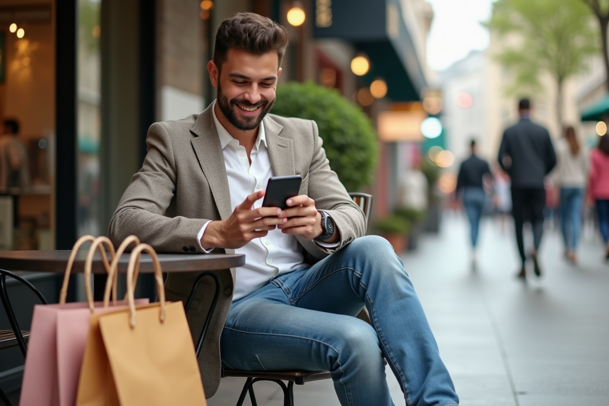 Homme souriant avec sacs de shopping au café extérieur