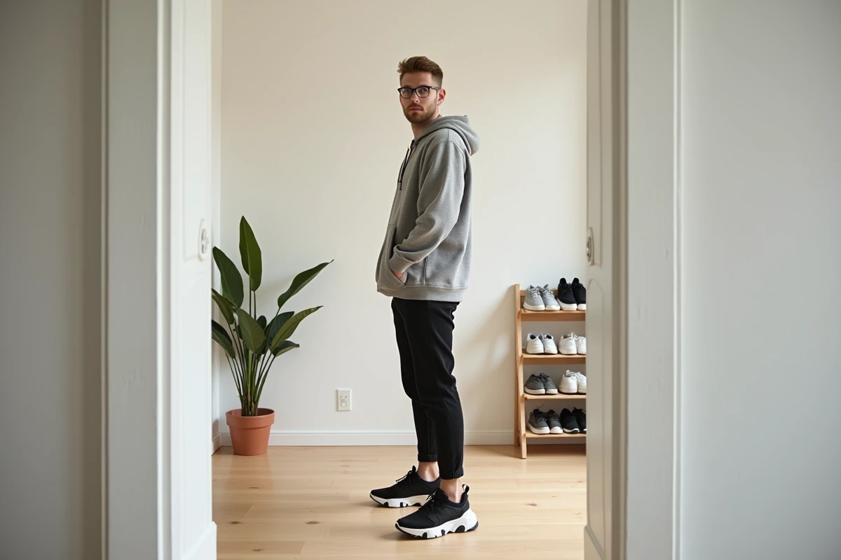 Jeune homme dans un appartement avec sneakers tendance