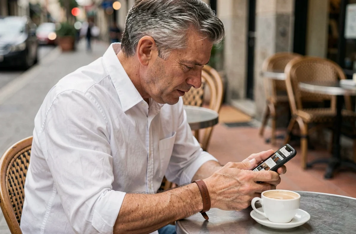 Homme portant un bracelet en cuir personnalisé tout en commandant des accessoires sur son smartphone dans un café