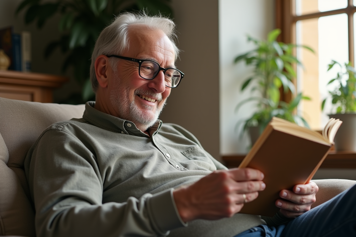 Homme âgé lisant avec ses nouvelles lunettes dans un salon cosy