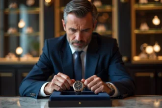 Homme en costume examinant une montre de luxe dans une boutique horlogère haut de gamme, illustrant la question de l'investissement dans les montres chères