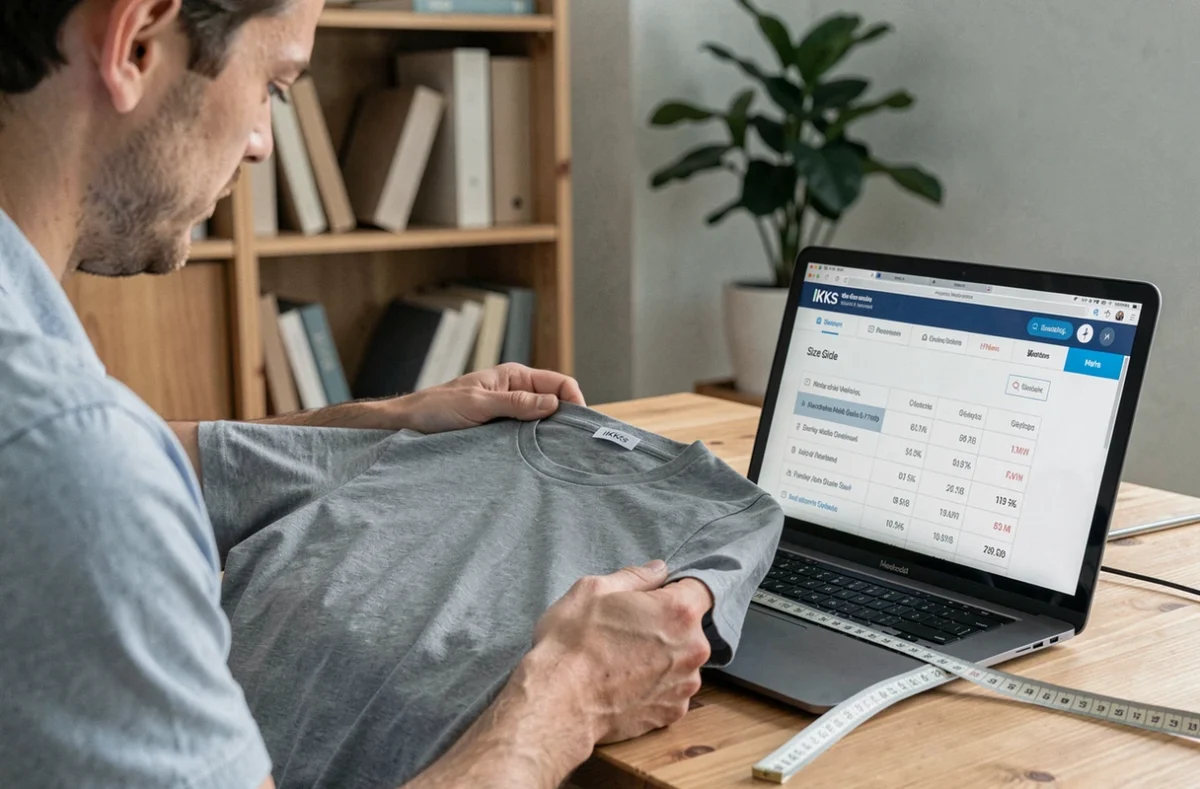 Homme consultant un guide des tailles IKKS en ligne avec une chemise et un mètre ruban posés sur son bureau