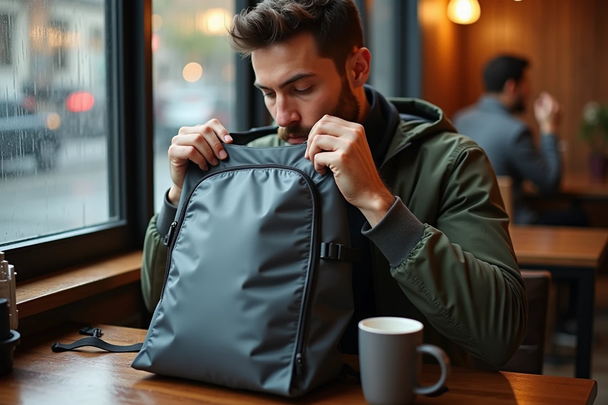 Homme inspectant les coutures et le tissu d'un sac à dos imperméable dans un café sous la pluie