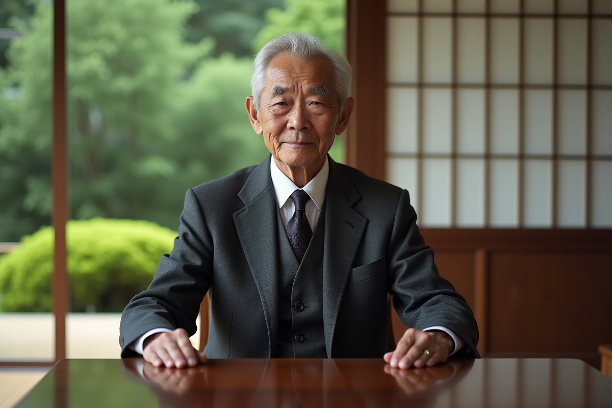 Homme japonais en costume dans une suite de ryokan traditionnel