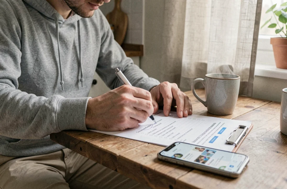 Homme préparant sa liste de courses à imprimer pour les soldes 2026 depuis chez lui