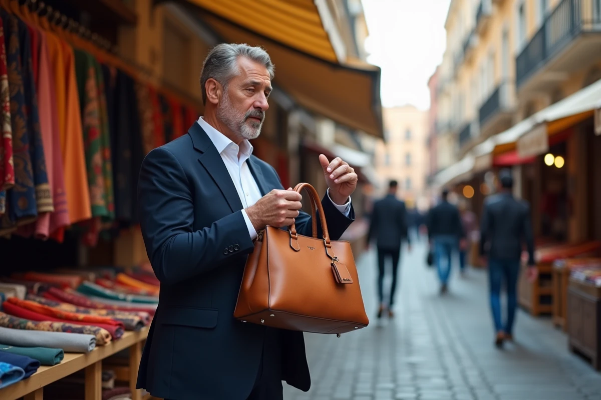 Homme regardant un sac à main dans un marché urbain