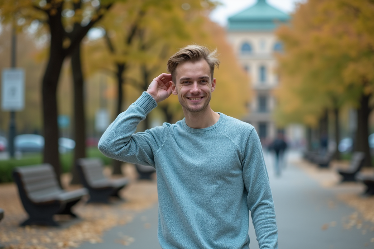 Jeune homme souriant marche dans un parc urbain
