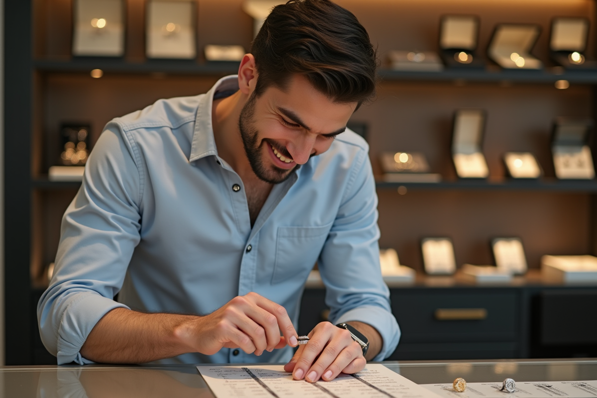 Homme examinant un mandrel de taille de bague dans une bijouterie