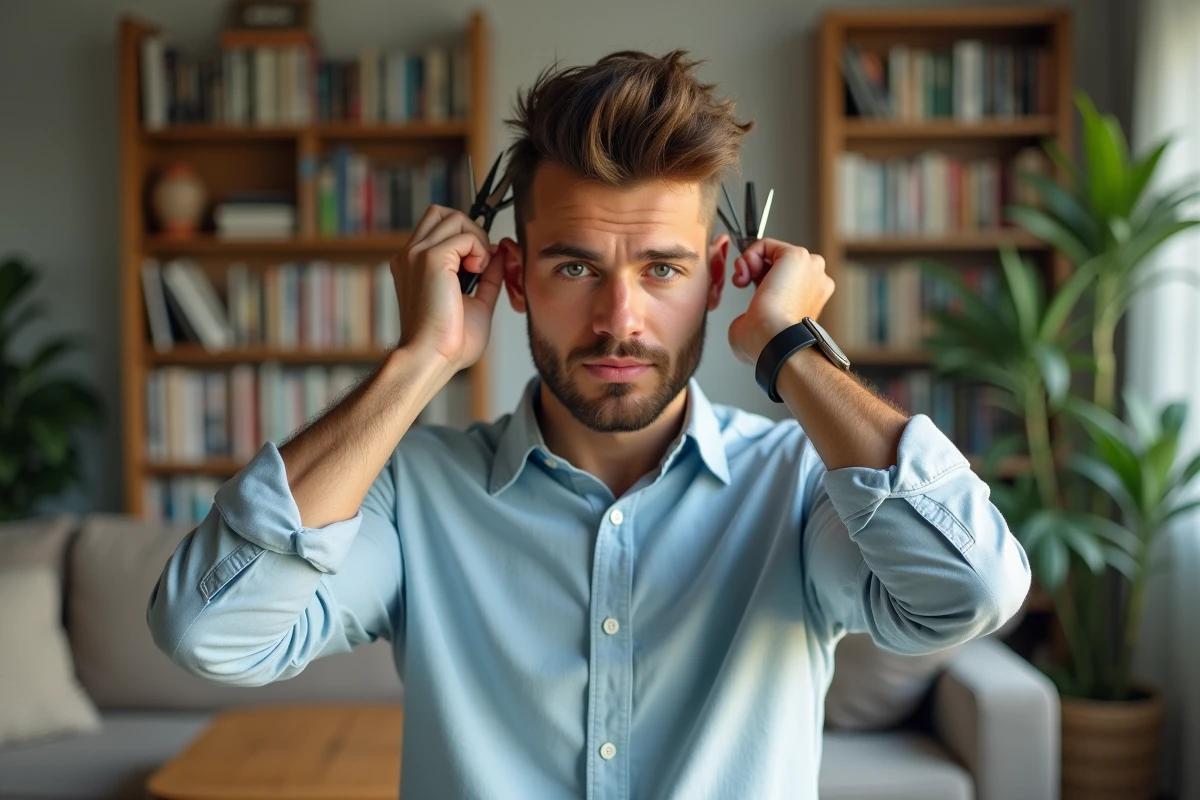 Jeune homme coiffant son mullet dans le salon lumineux