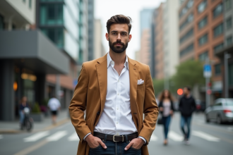 Homme élégant avec moustache en ville moderne