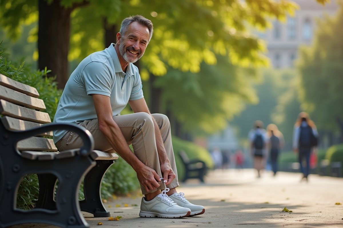 Homme assis sur un banc dans un parc en train de lacer ses sneakers