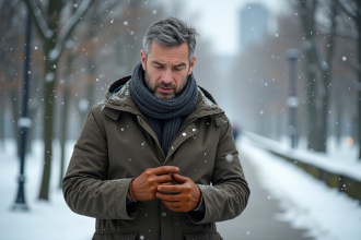 Homme d'âge moyen en parka examine ses gants en cuir en hiver