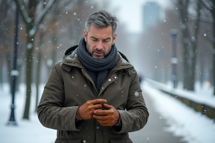 Homme d'âge moyen en parka examine ses gants en cuir en hiver