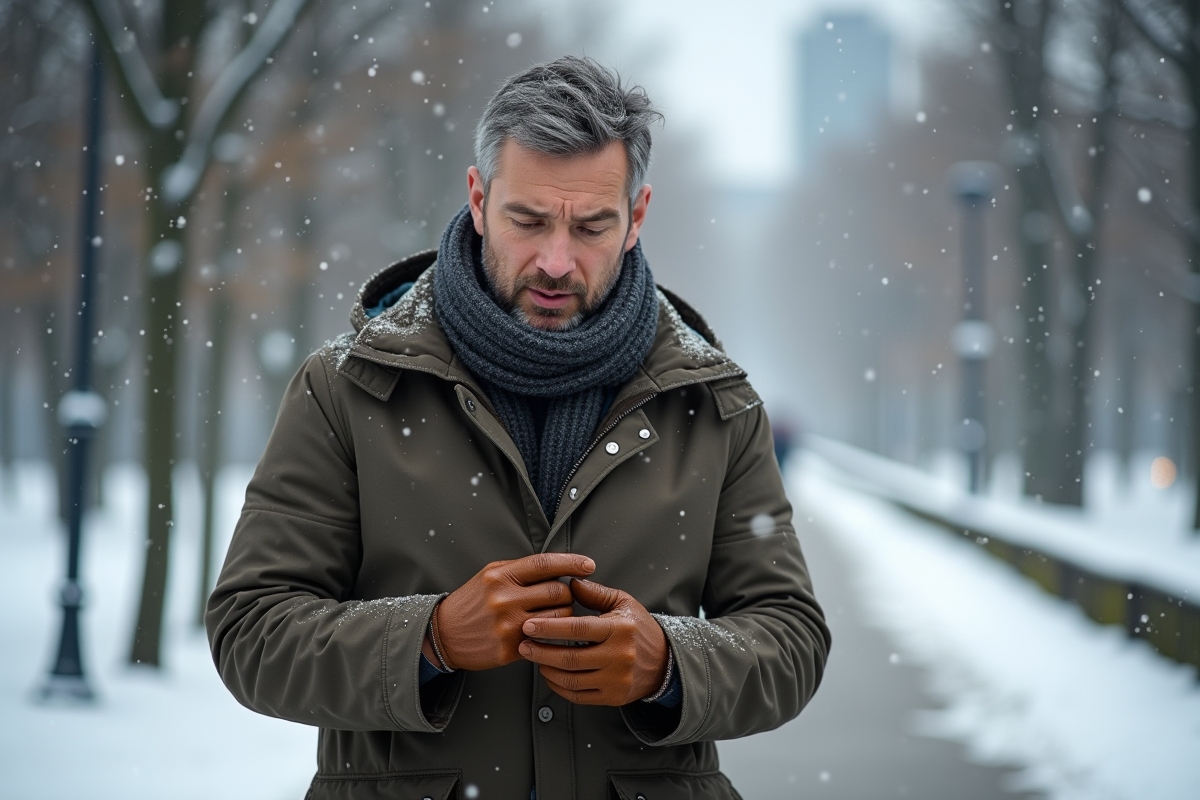 Homme d'âge moyen en parka examine ses gants en cuir en hiver