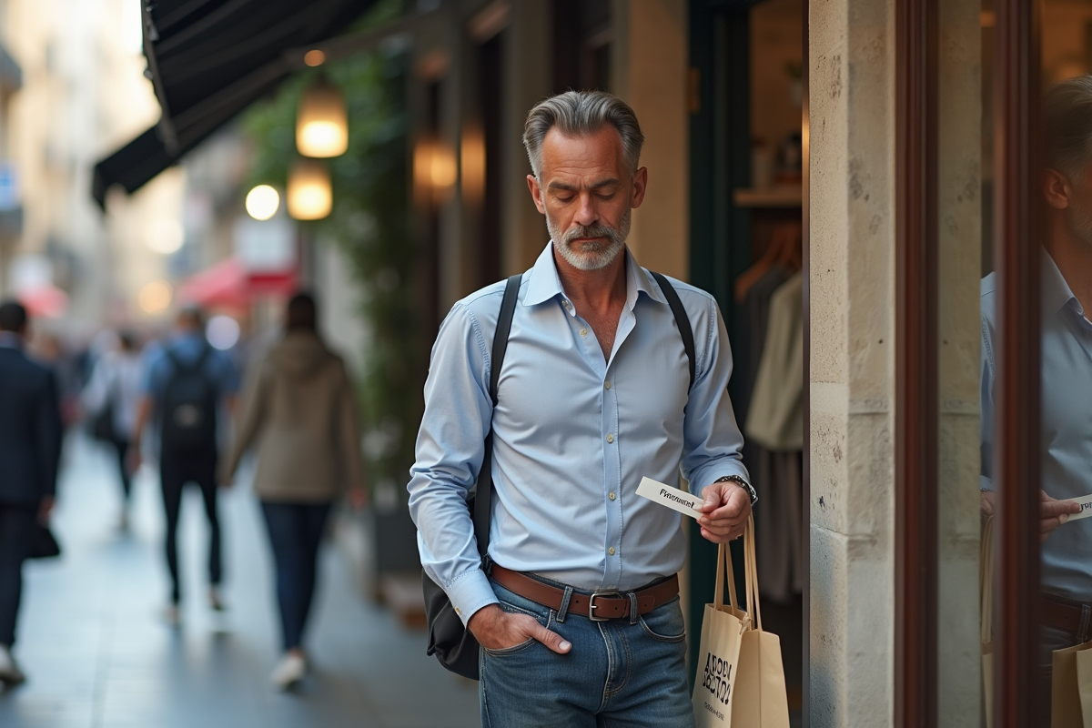 Homme regardant une étiquette promotionnelle en rue