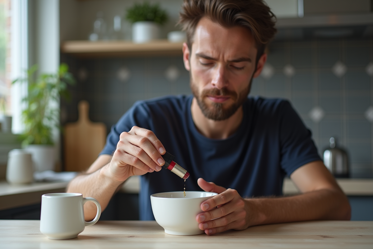 Jeune homme réhydratant un rouge à lèvres dans la cuisine lumineuse