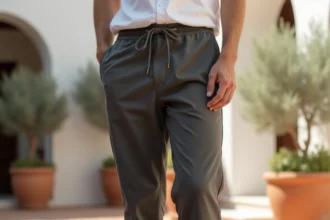 Homme portant un sarouel gris en coton dans une cour méditerranéenne, illustrant la coupe décontractée du sarouel masculin