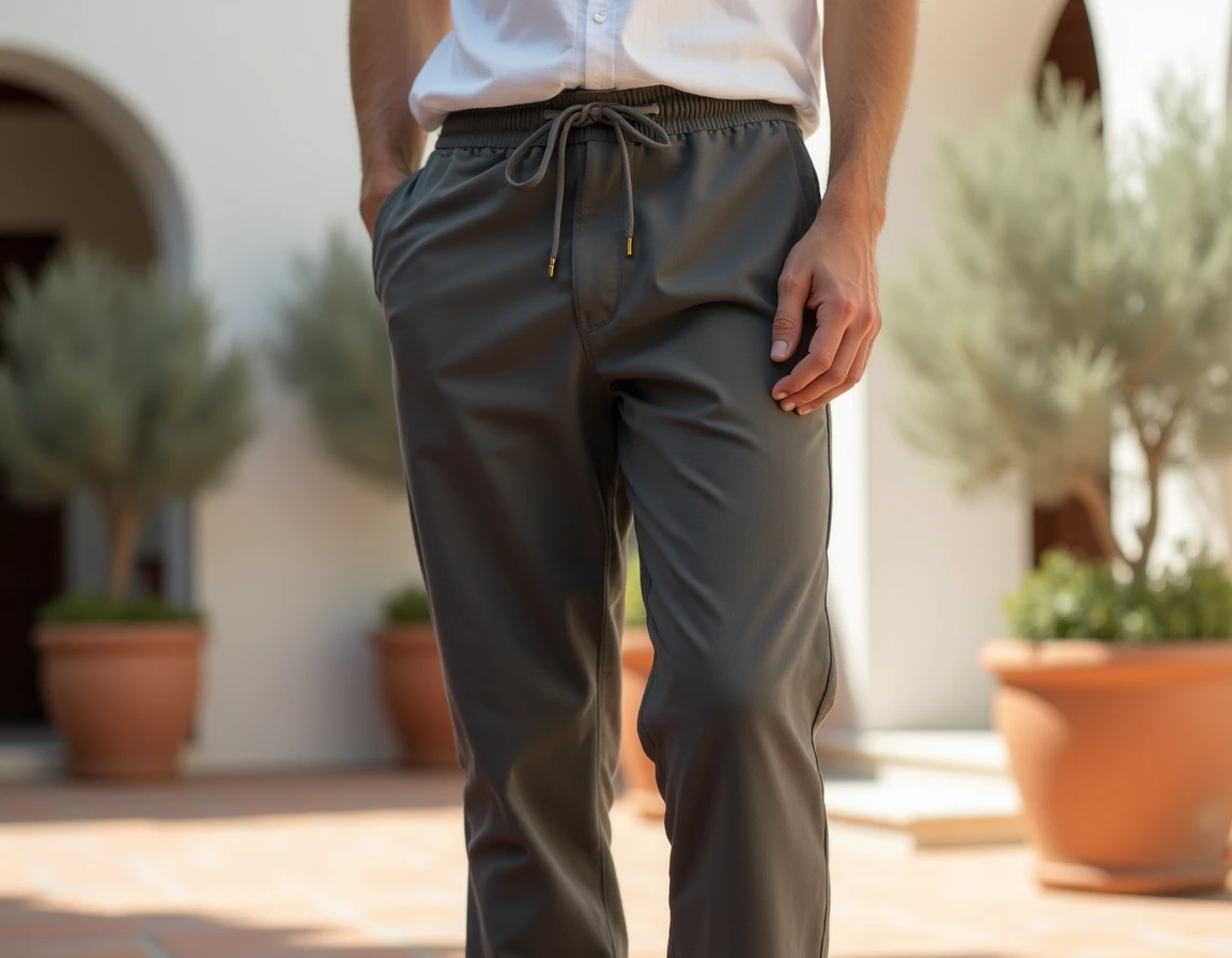 Homme portant un sarouel gris en coton dans une cour méditerranéenne, illustrant la coupe décontractée du sarouel masculin