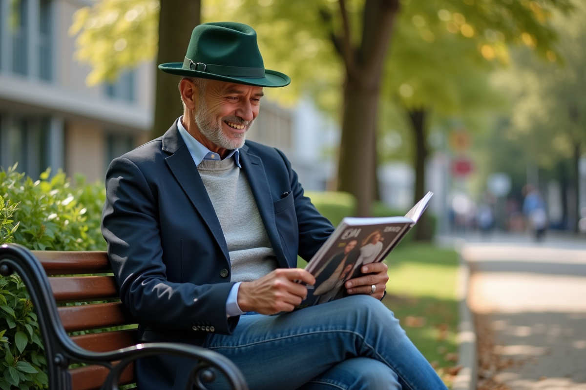 Homme assis dans parc essayant un fedora vert