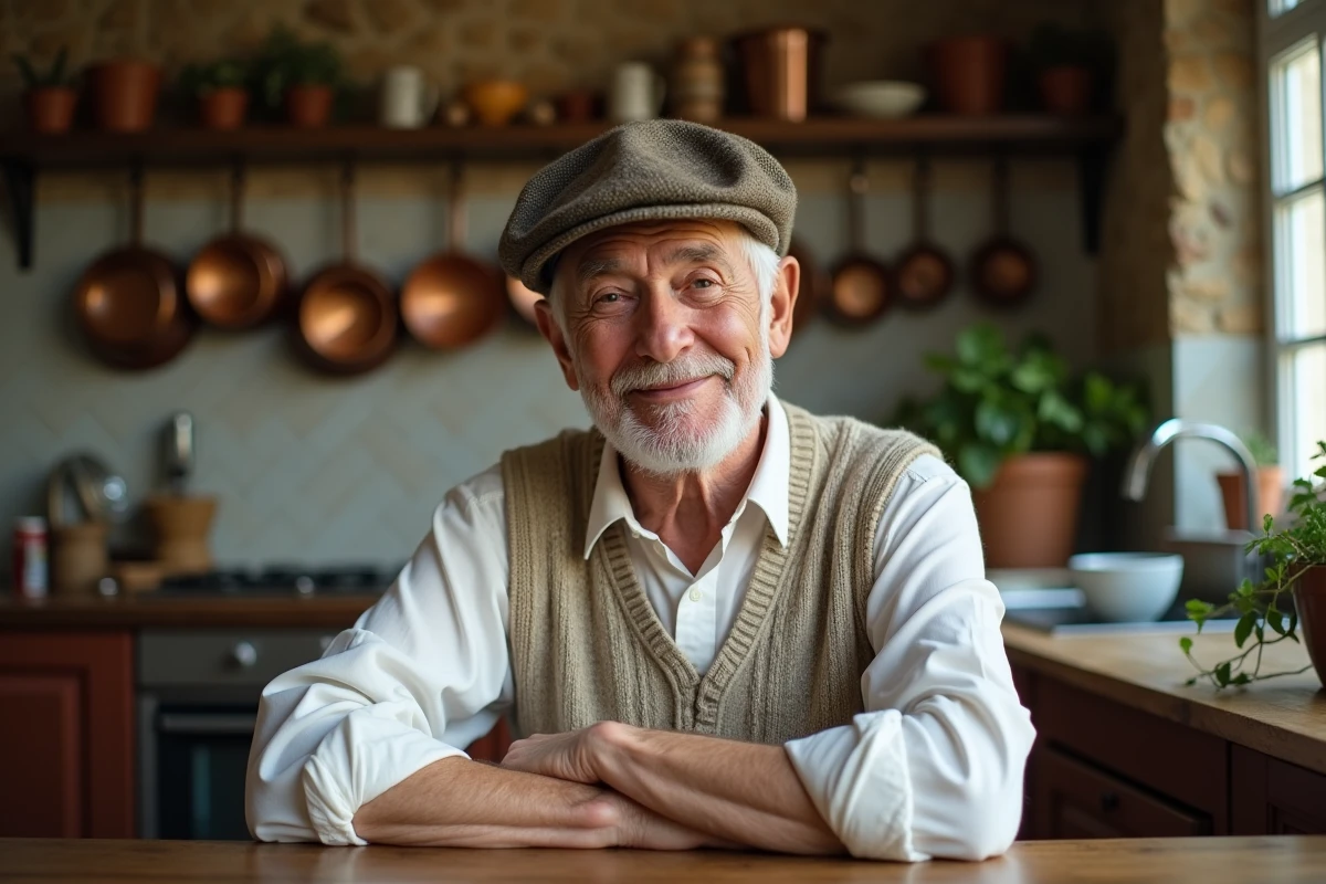 Homme âgé souriant dans une cuisine rustique
