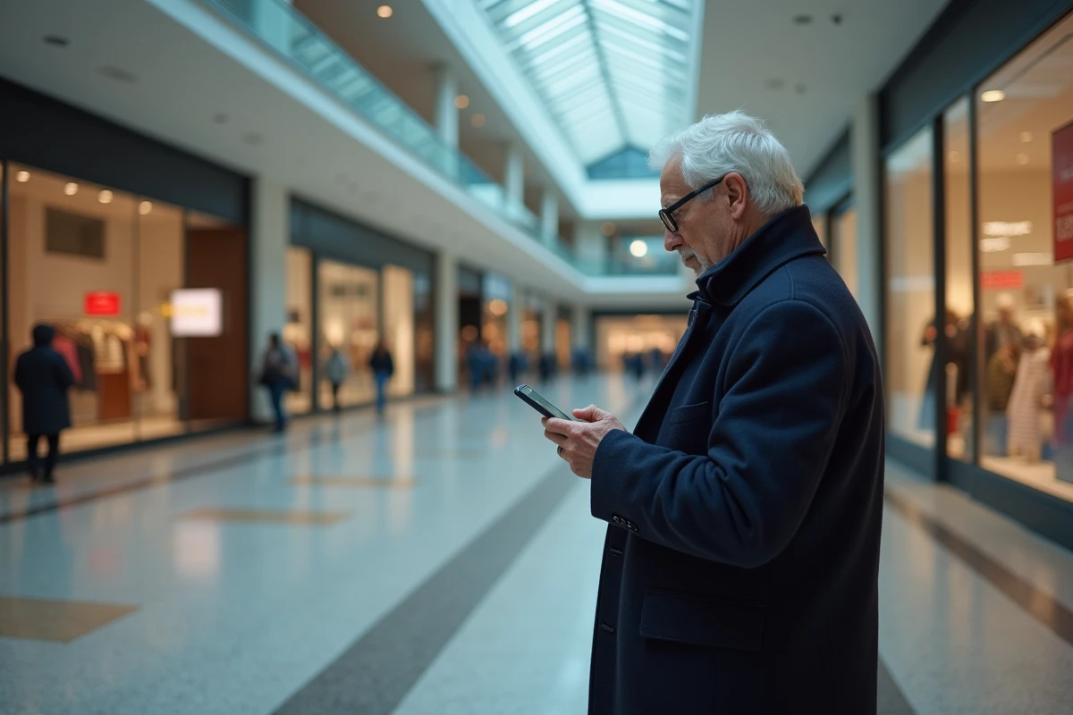 Homme âgé regardant son smartphone dans un centre commercial vide