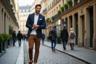 Homme élégant en rue parisienne en costume bleu marine
