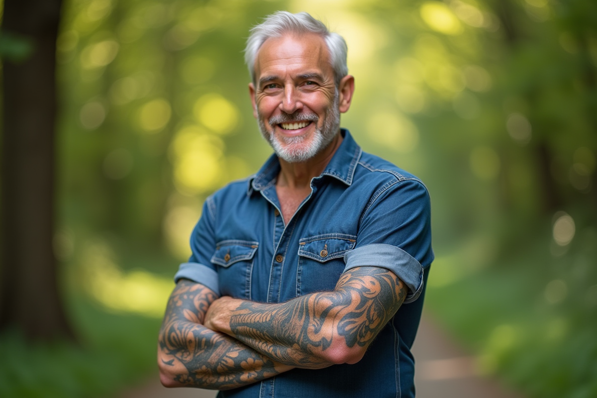 Homme mature en plein air avec tatouages géométriques et nature