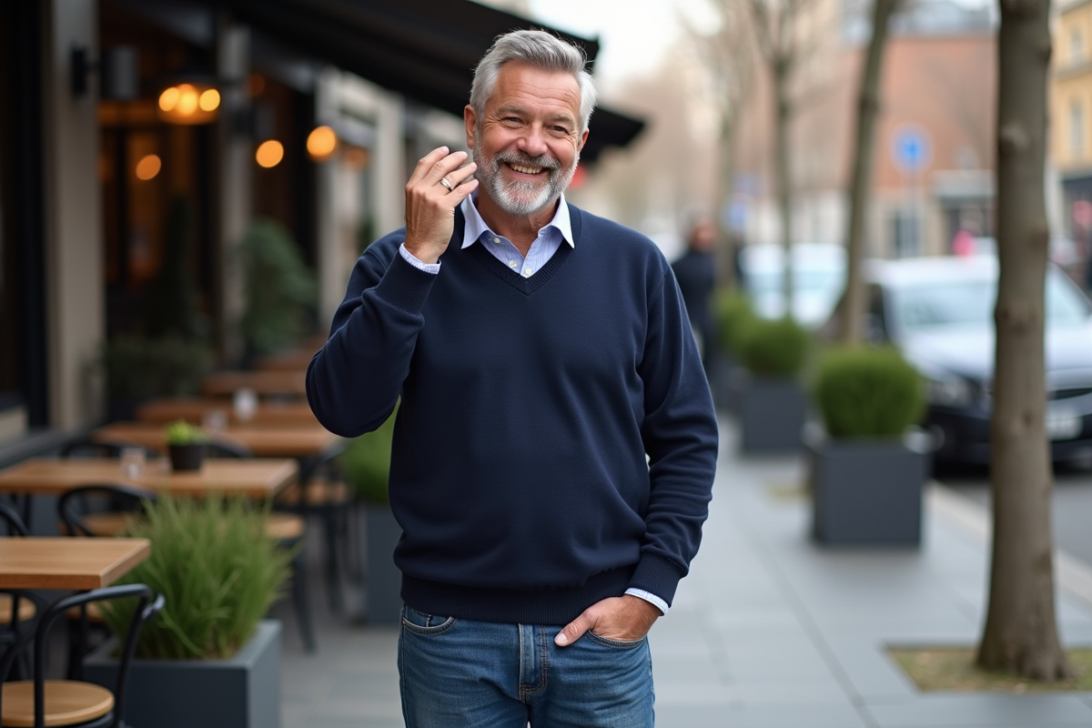 Homme souriant après une coupe de cheveux en terrasse urbaine