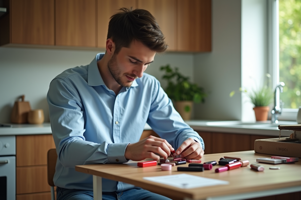 Homme triant des vieux rouges à lèvres dans la cuisine