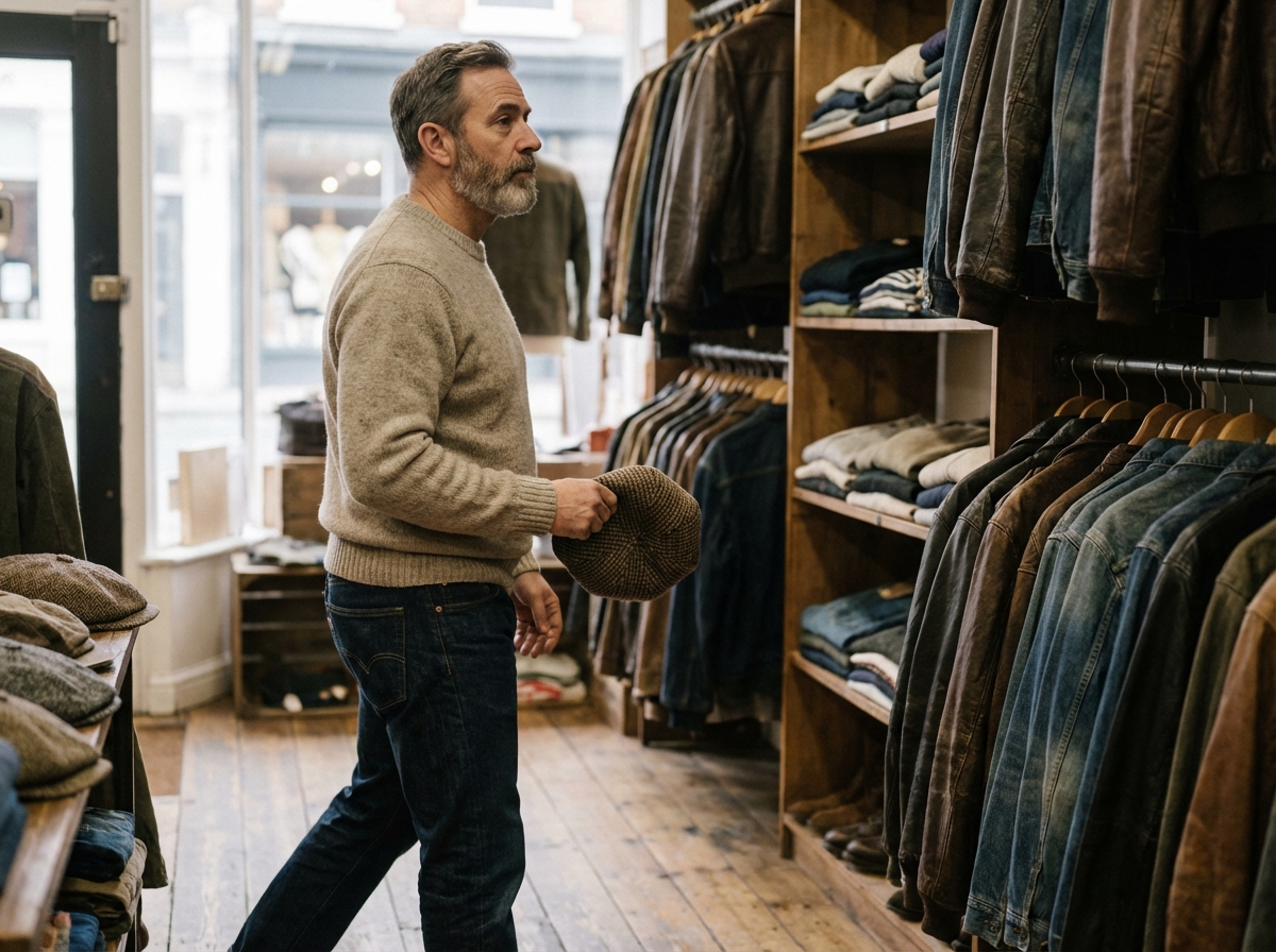 Homme en jeans et casquette vintage dans une boutique