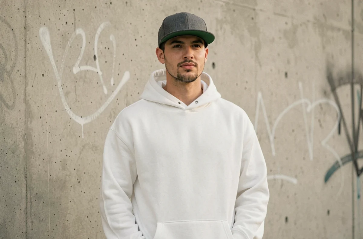 Jeune homme avec visage ovale portant une casquette snapback style Inoxtag à bord plat légèrement inclinée devant un mur urbain en béton