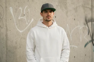 Jeune homme avec visage ovale portant une casquette snapback style Inoxtag à bord plat légèrement inclinée devant un mur urbain en béton