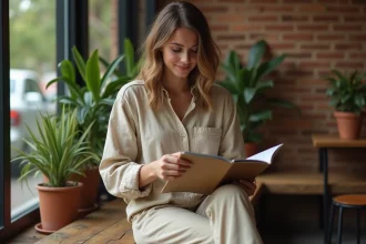 Jeune femme en pantalon éthique dans un café cosy