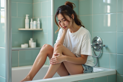 Jeune femme examine ses jambes avec irritation peau