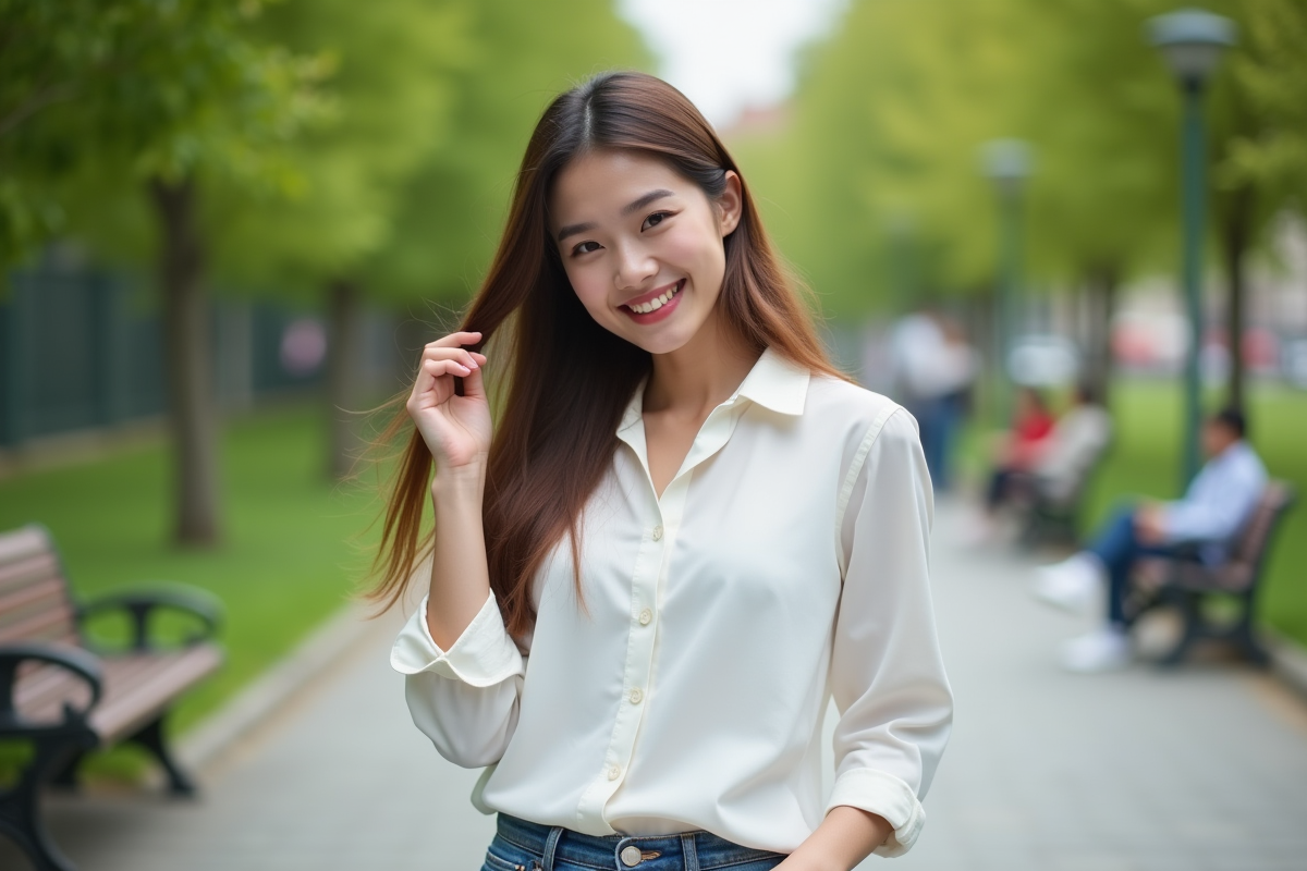 Jeune femme souriante dans un parc urbain en plein air