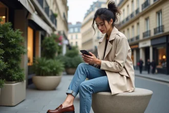 Jeune femme élégante assise dans une rue parisienne