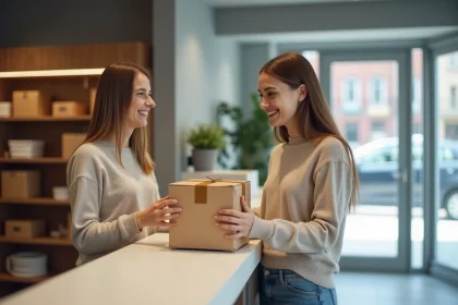 Jeune femme souriante récupérant un colis dans un point relais
