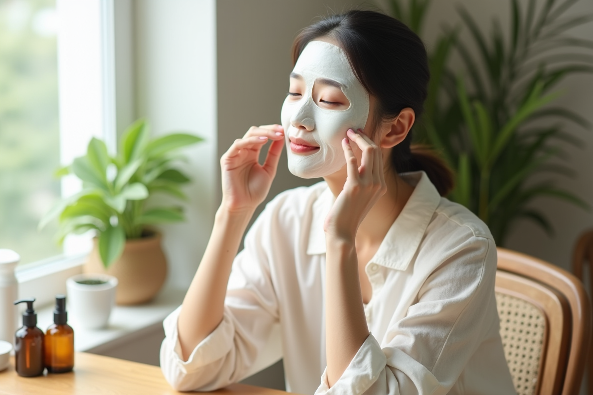 Jeune femme coréenne appliquant un masque facial dans un intérieur paisible
