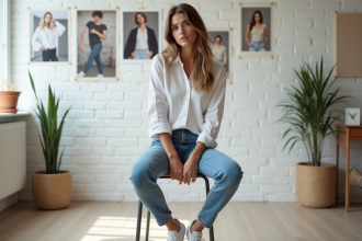 Jeune femme en studio mode belge avec vêtements décontractés